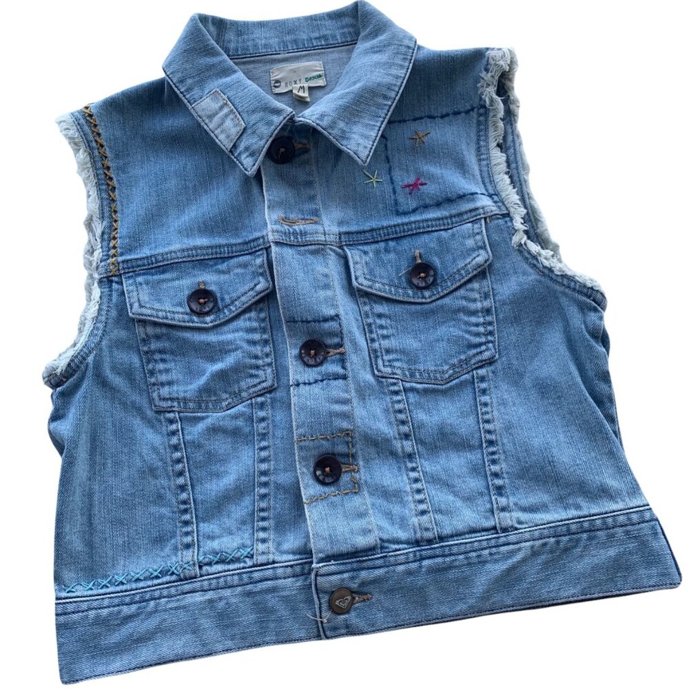 Roxy Light Wash Embroidered Denim Vest M